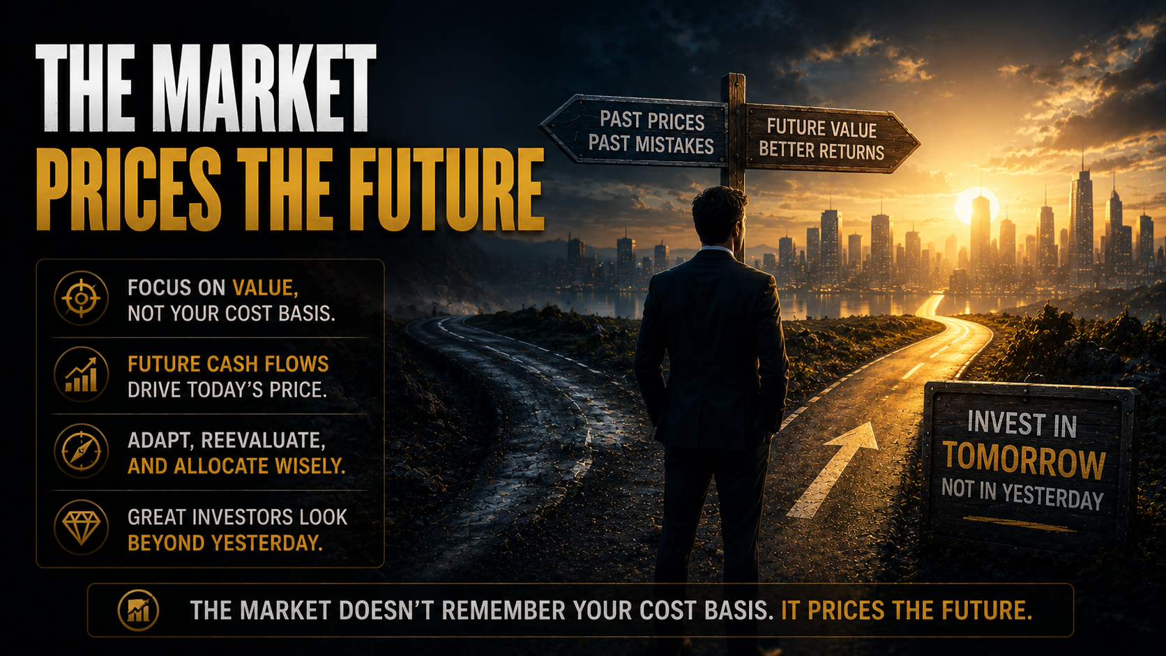 Investor looking toward future opportunities, illustrating that markets price future expectations rather than past purchase prices or emotional anchors.