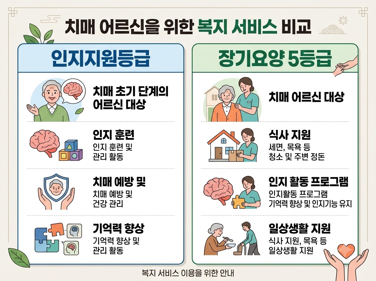 alt="인지지원 등급과 장기요양 5등급의 판정 기준과 이용 가능 서비스를 좌우 비교한 인포그래픽"