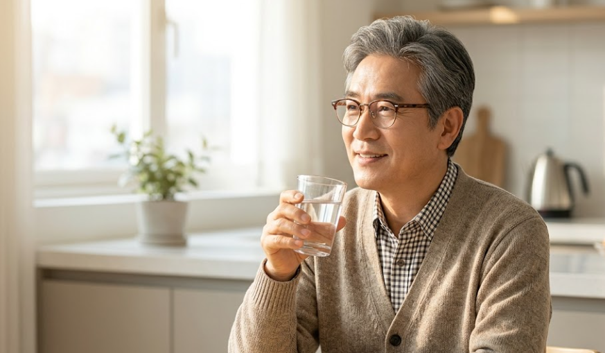 아침 기상 직후 따뜻한 물 한 잔으로 장 깨우기 실천하는 시니어