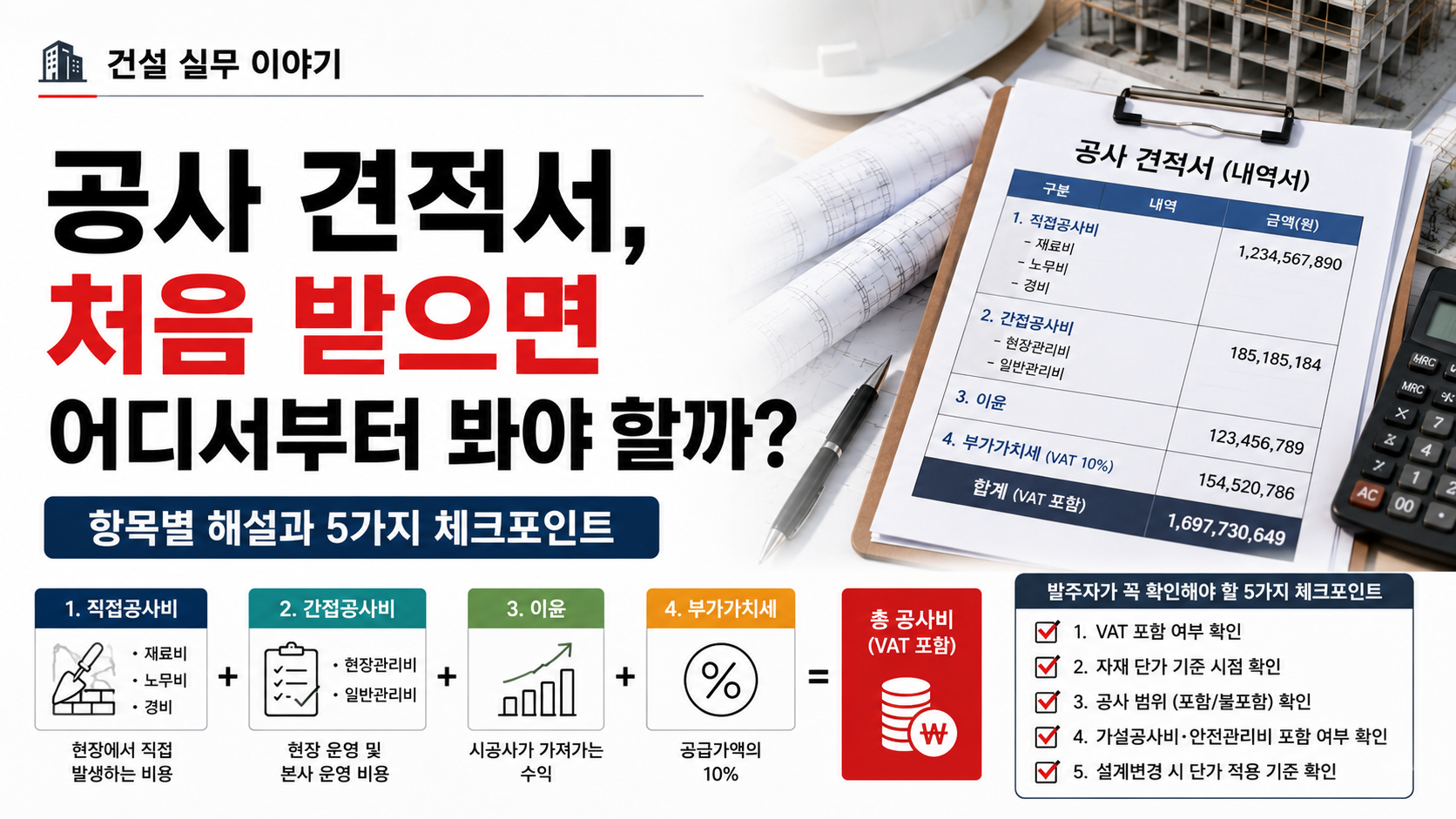 공사 견적서의 직접공사비 간접공사비 이윤 부가세와 체크포인트를 설명하는 썸네일