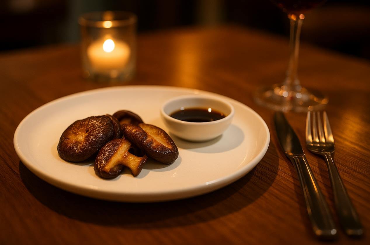 따뜻한 조명 아래 접시에 구운 표고버섯과 작은 간장 소스가 담긴 아늑한 식사 장면.