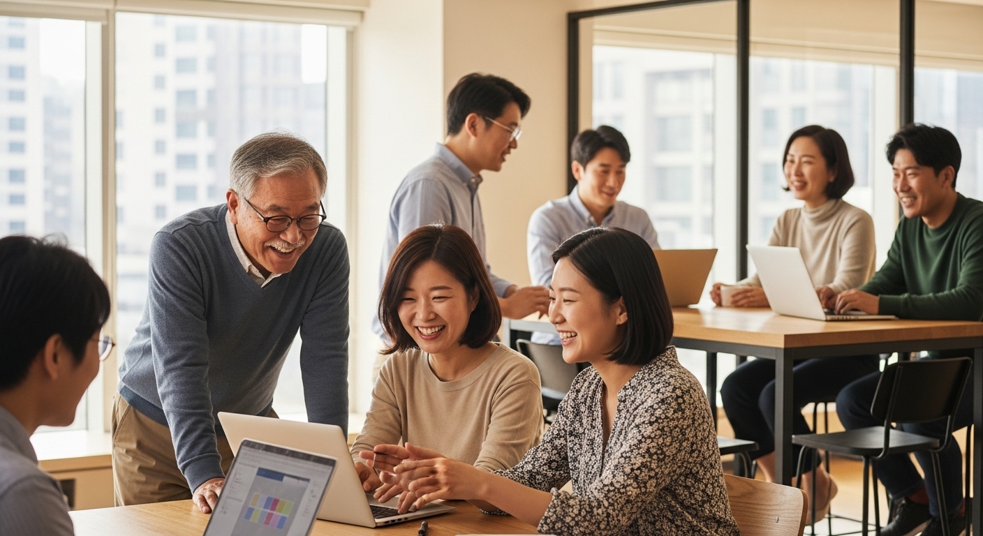 다양한 연령대의 한국인들이 함께 일하고 소통하는 사무실 풍경. 중장년층이 젊은 동료와 협력하며 새로운 기술을 배우는 모습을 보여줍니다.