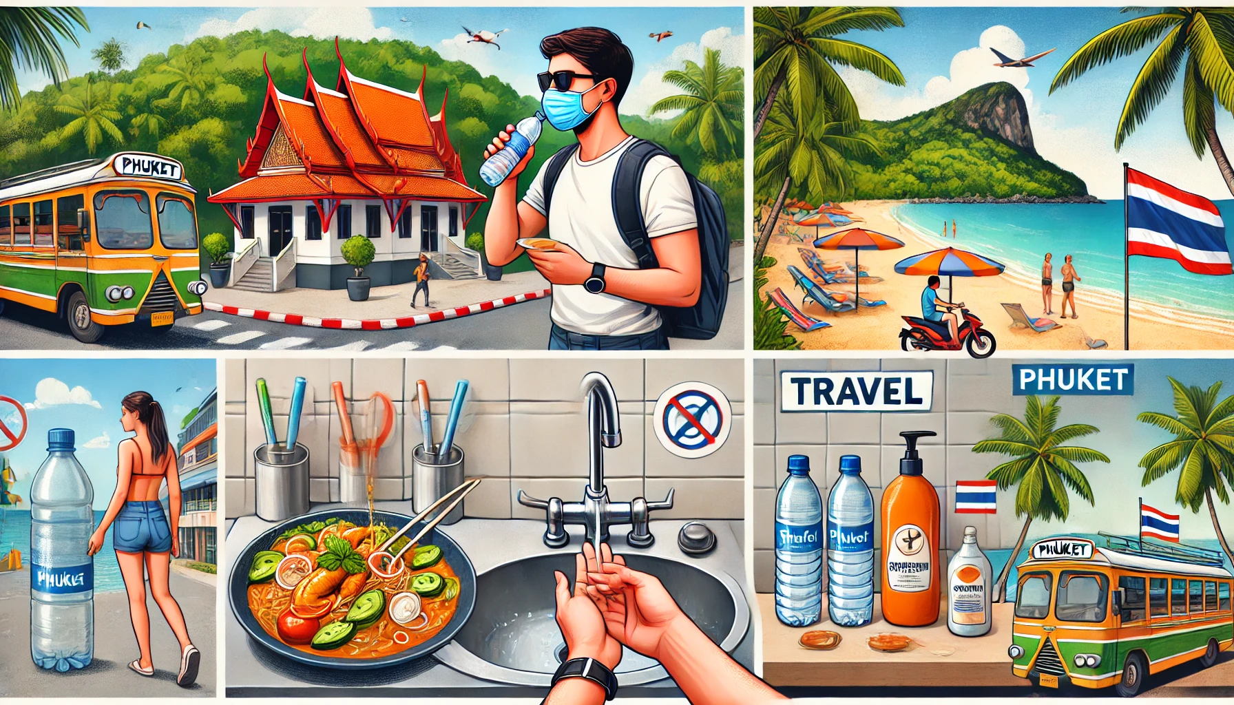 푸켓에서 여행자가 건강하게 즐기는 모습 (위생적인 음식, 깨끗한 물, 손 씻기 등)