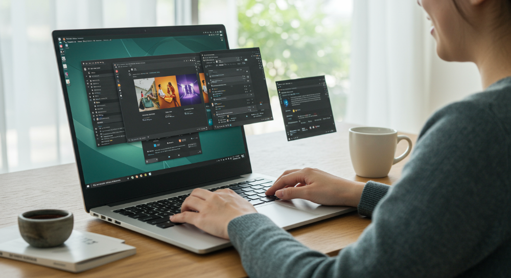 7인치 대화면 노트북으로 여러 작업을 동시에 처리하며 효율적으로 일하는 사용자. 노트북 화면에는 다양한 창이 열려 있고, 사용자는 편안한 표정으로 생산성을 높이고 있습니다.