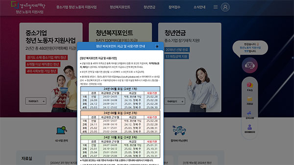 청년복지포인트 신청 안내 창이 떠 있는 경기도 청년노동자 지원사업 홈페이지 메인화면 캡처