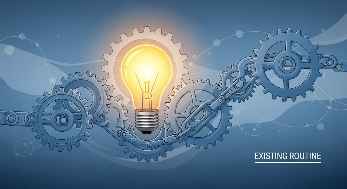 기존 습관(기어)에 새로운 습관(전구)이 자연스럽게 연결되어 작동하는 모습. 앵커링 기법을 통한 습관 쌓기 시각화