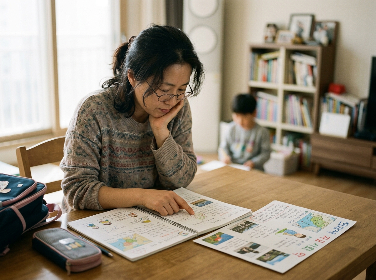 학부모가 초등학생 자녀의 사회 학습 노트를 점검하는 모습