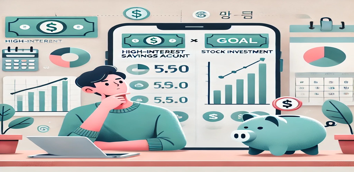 고금리 예적금과 주식 투자를 비교하는 청년의 모습