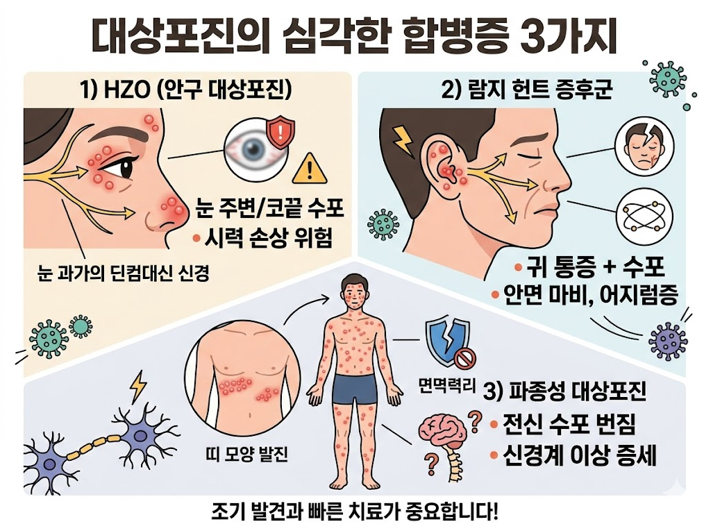 안구 대상포진(HZO), 람지헌트 증후군, 파종성 대상포진 등 주요 합병증을 설명하는 의료 인포그래픽