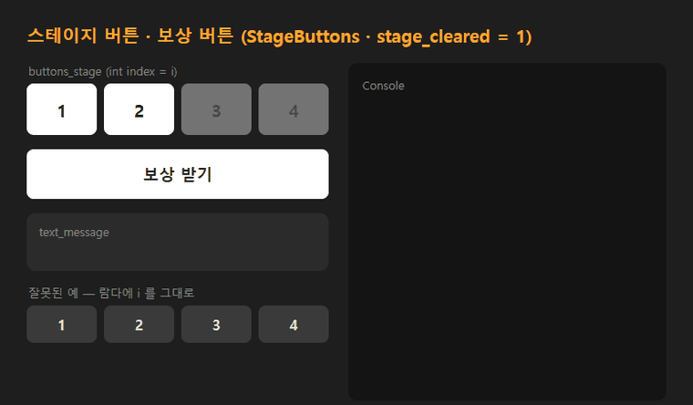 스테이지 버튼 웹 데모 &mdash; 깬 스테이지까지만 눌리고 잠긴 버튼은 회색, 보상 버튼은 연달아 눌러도 한 번만 받아지고, 람다에 i 를 그대로 넣은 줄은 어느 버튼이든 스테이지 5 가 나온다