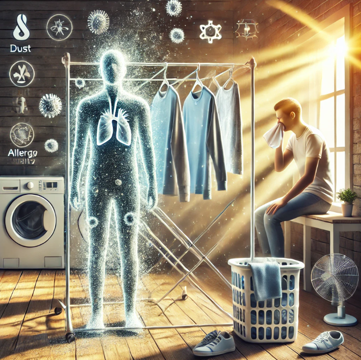 먼지 낀 건조대 옆에서 재채기하는 사람