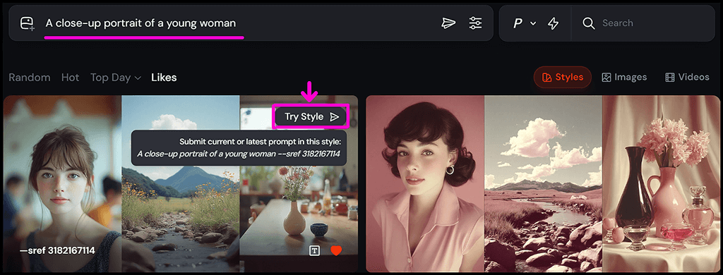미드저니 Style Explorer, 프롬프트에 스타일을 바로 적용하는 'Try Style' 버튼 이미지_Midjourney