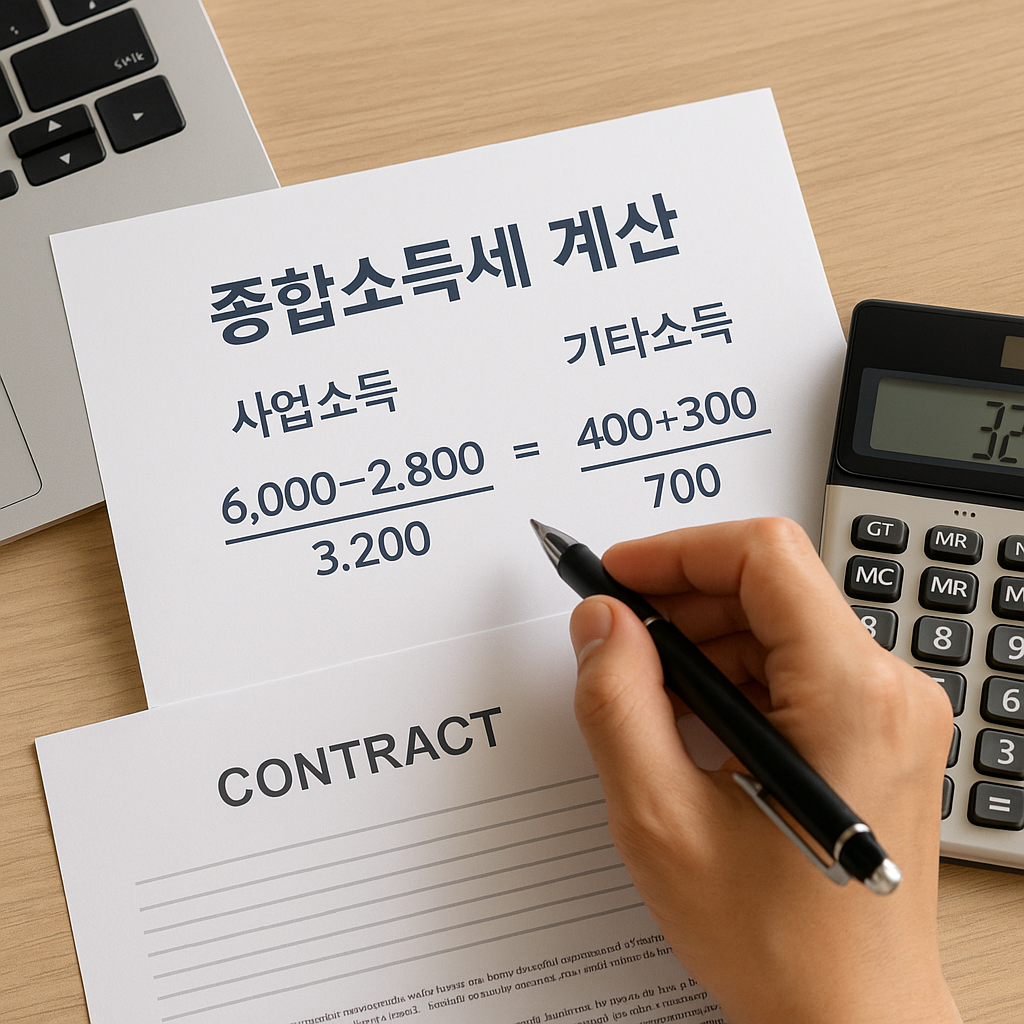 책상 위에서 종합소득세 신고 자료를 정리하는 중년 남성. 노트북 화면에는 홈택스 사이트가 열려 있고&amp;#44; 손에는 경비 영수증이 들려 있다.