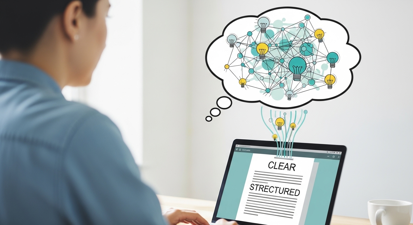 복잡한 생각을 구조화하여 명확한 글로 정리하는 과정을 시각적으로 보여주는 이미지