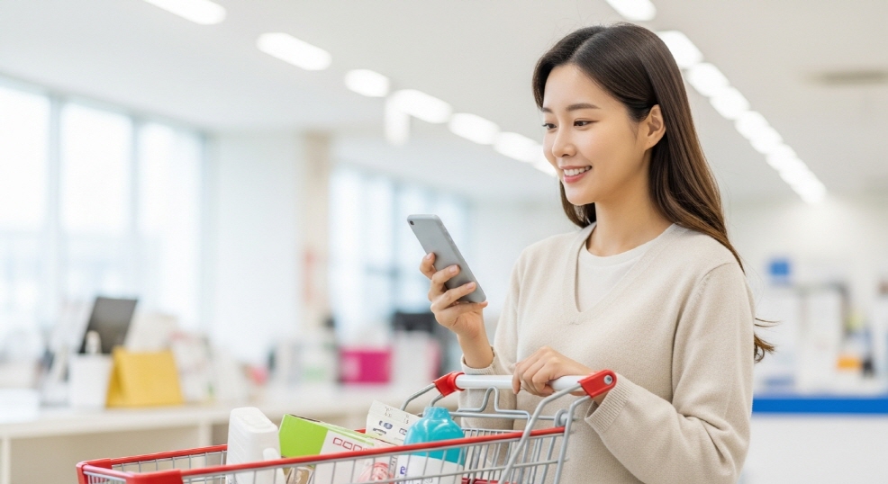 다이소 쇼핑카트에 물건을 담으며 앱 확인 중인 30대 여성