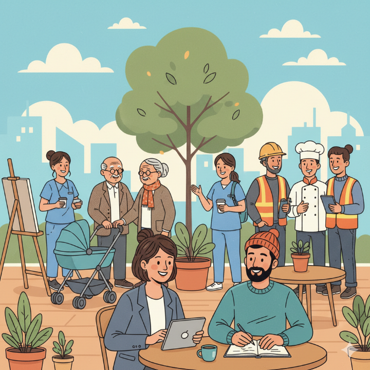 직장인, 프리랜서, 노부부 등 다양한 사람들이 함께 있는 일러스트