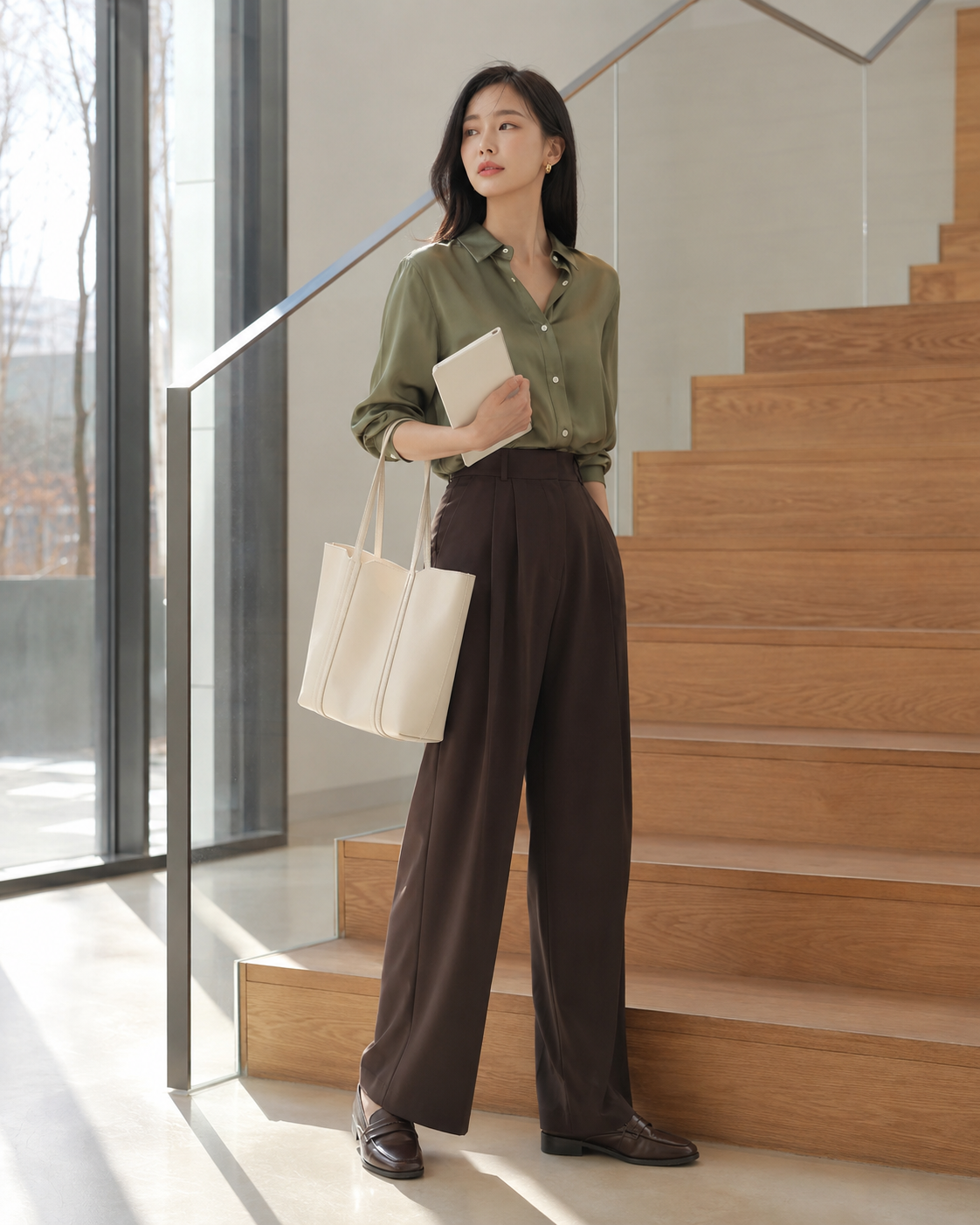 초가을 출근: 올리브 셔츠 + 초콜릿 브라운 팬츠처럼 색과 아이템을 연결해 전체 착장을 정돈한 코디입니다.