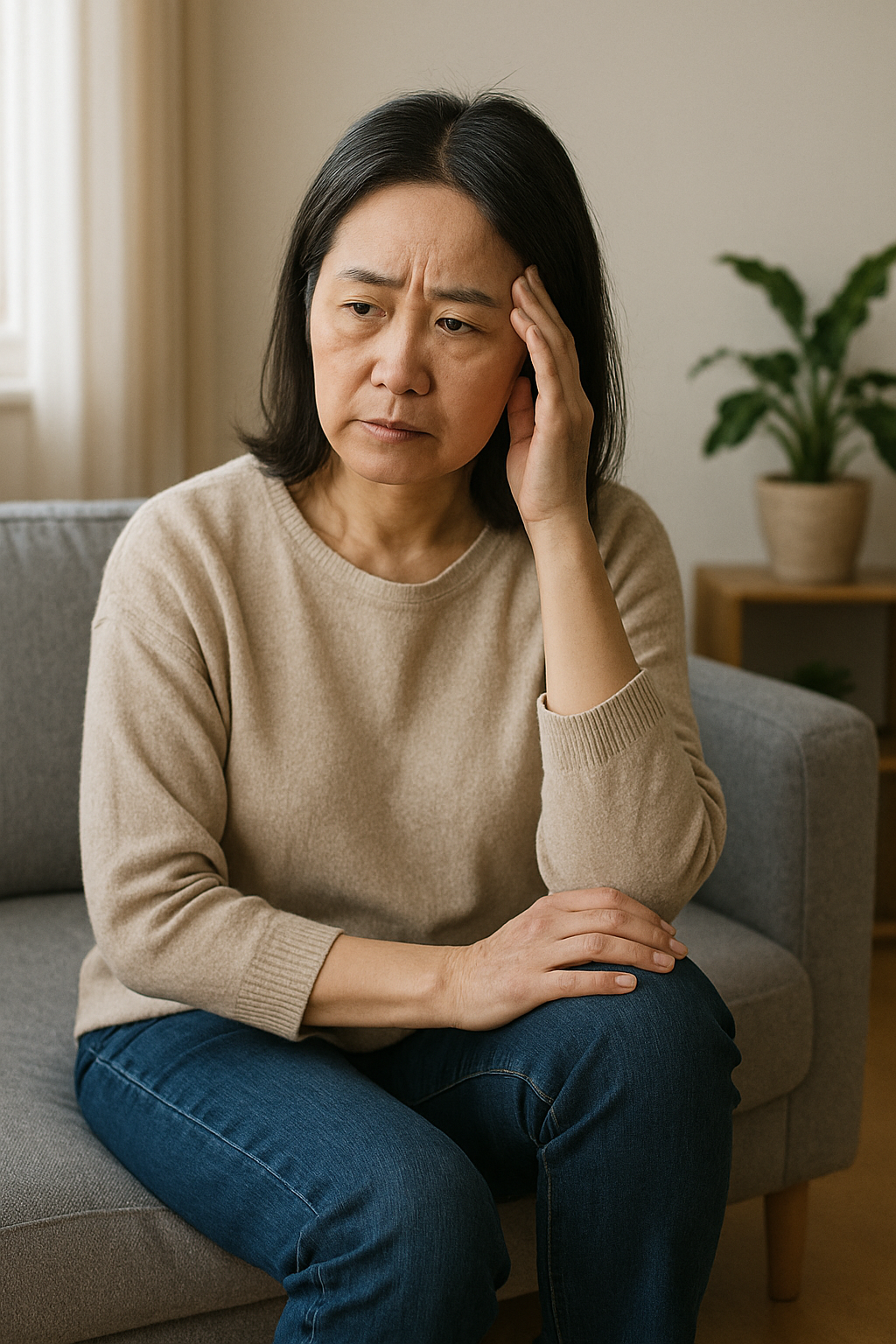 갱년기로 인해 고민하고 있는 중년 여성