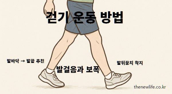 걷기 운동 발걸음과 보폭 설명 일러스트 – 발뒤꿈치 착지와 발끝 추진