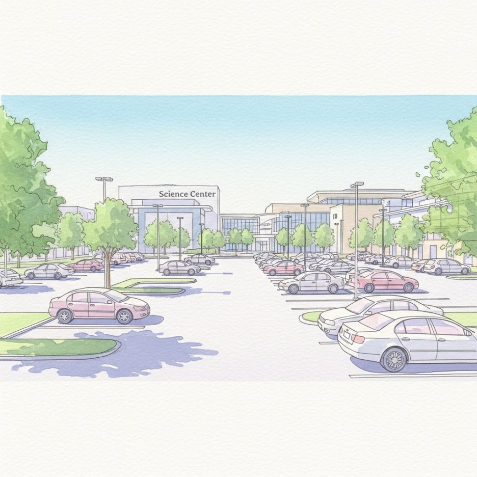 푸른 나무들이 어우러진 쾌적한 주차장 전경 수채화