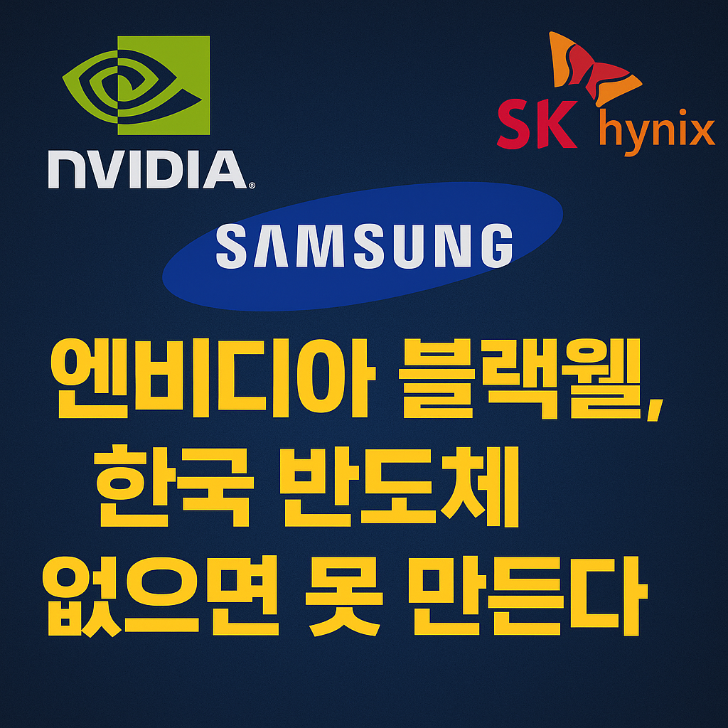 “엔비디아·삼성전자·SK하이닉스 로고가 함께 배치되고 ‘엔비디아 블랙웰, 한국 반도체 없으면 못 만든다’ 문구가 적힌 뉴스형 썸네일 이미지”