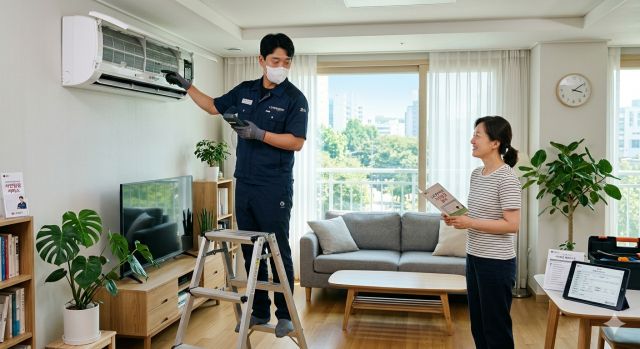 LG 에어컨 사전점검 서비스 엔지니어 점검 장면