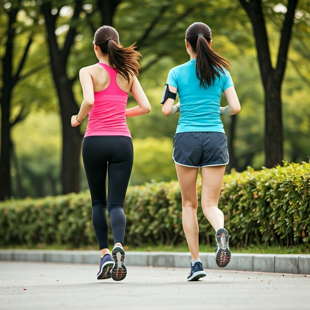 공원에서 슬로우 조깅을 즐기고 있는 여성 2명 사진
