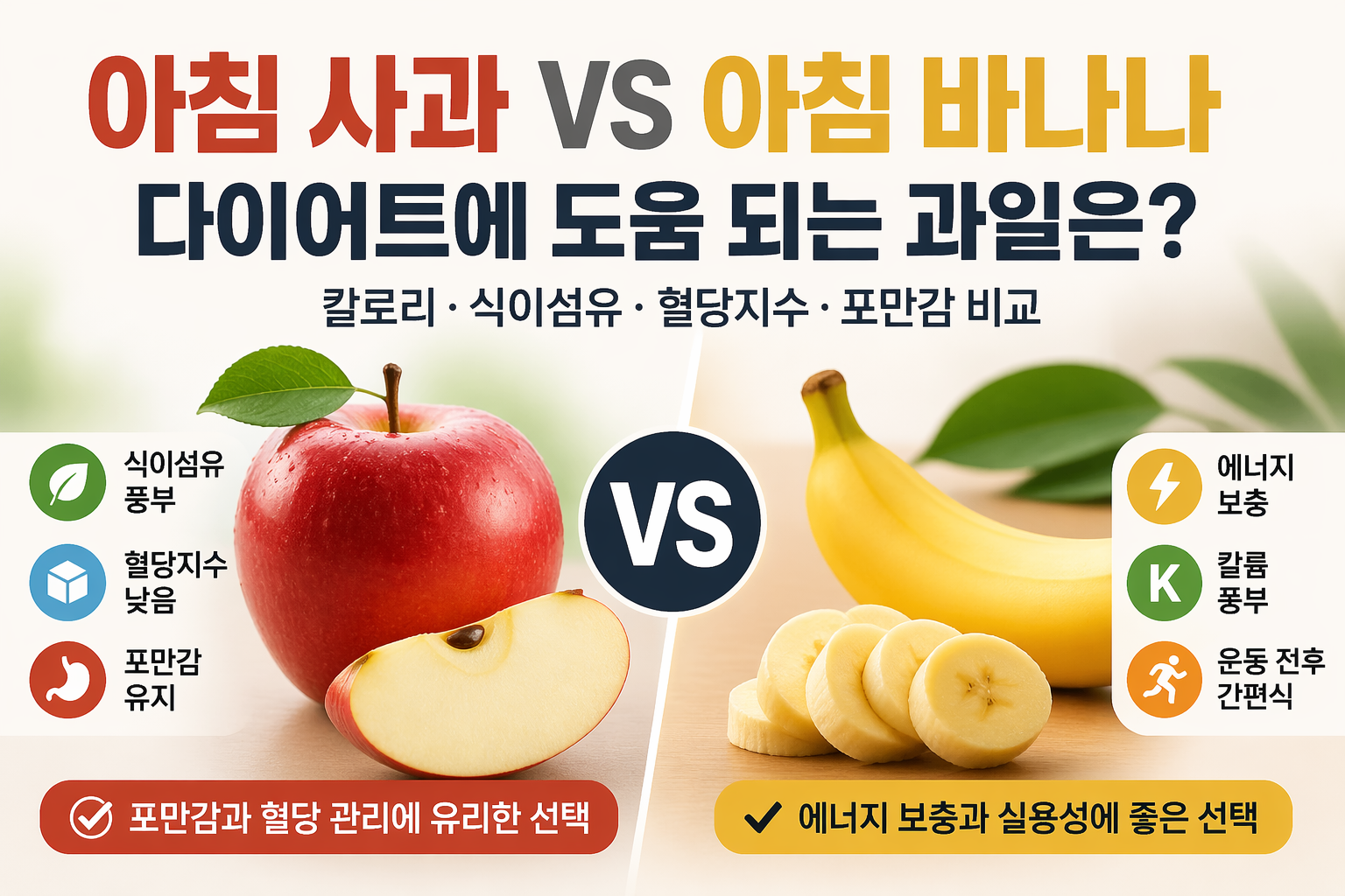 아침 사과 vs 아침 바나나 다이어트 비교 썸네일, 사과와 바나나의 포만감 혈당지수 식이섬유 에너지 보충 차이를 보여주는 이미지