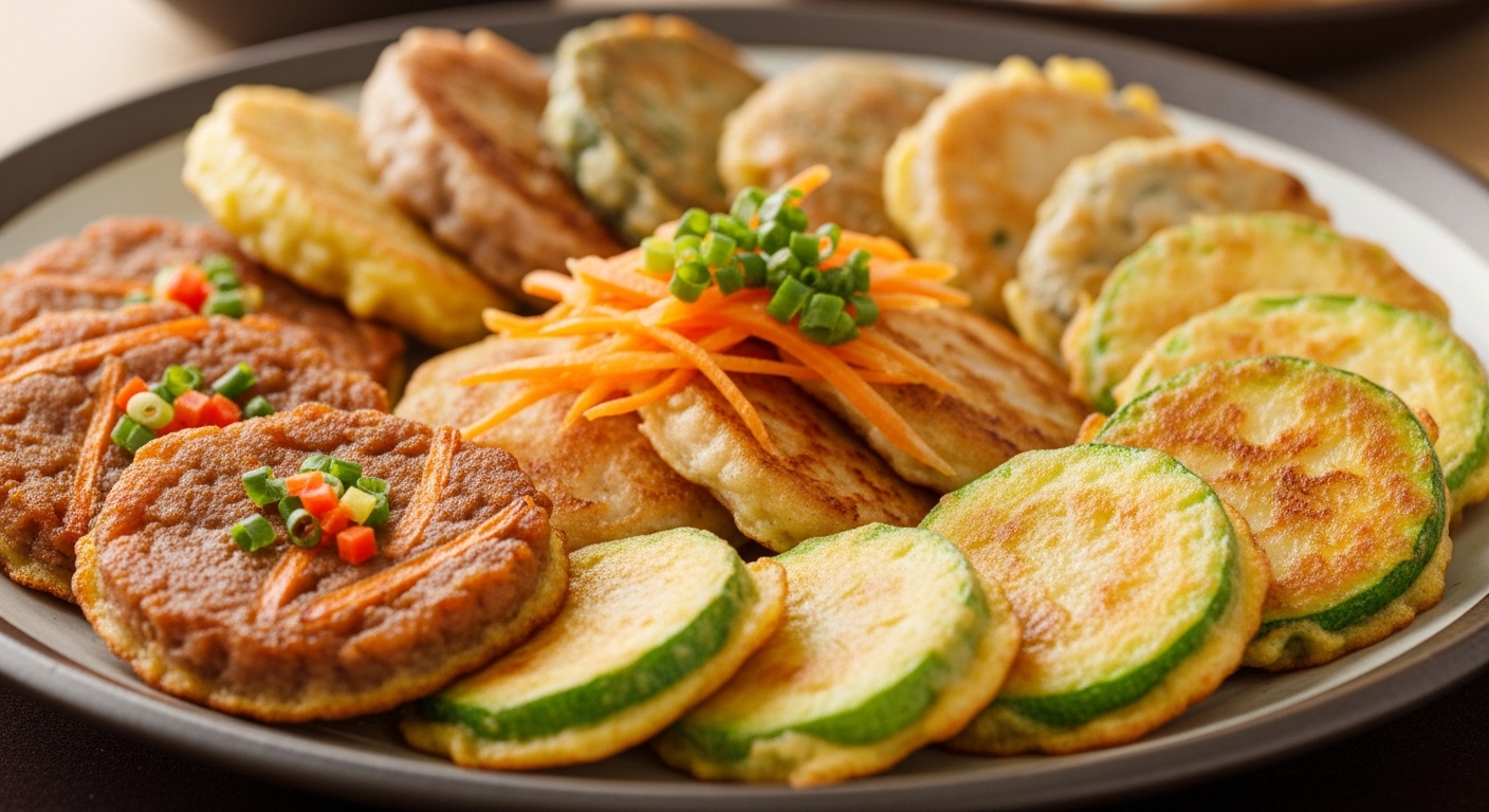 노릇노릇하게 잘 부쳐진 동그랑땡, 호박전, 동태전 등 다양한 모듬전이 정갈하게 담긴 접시.