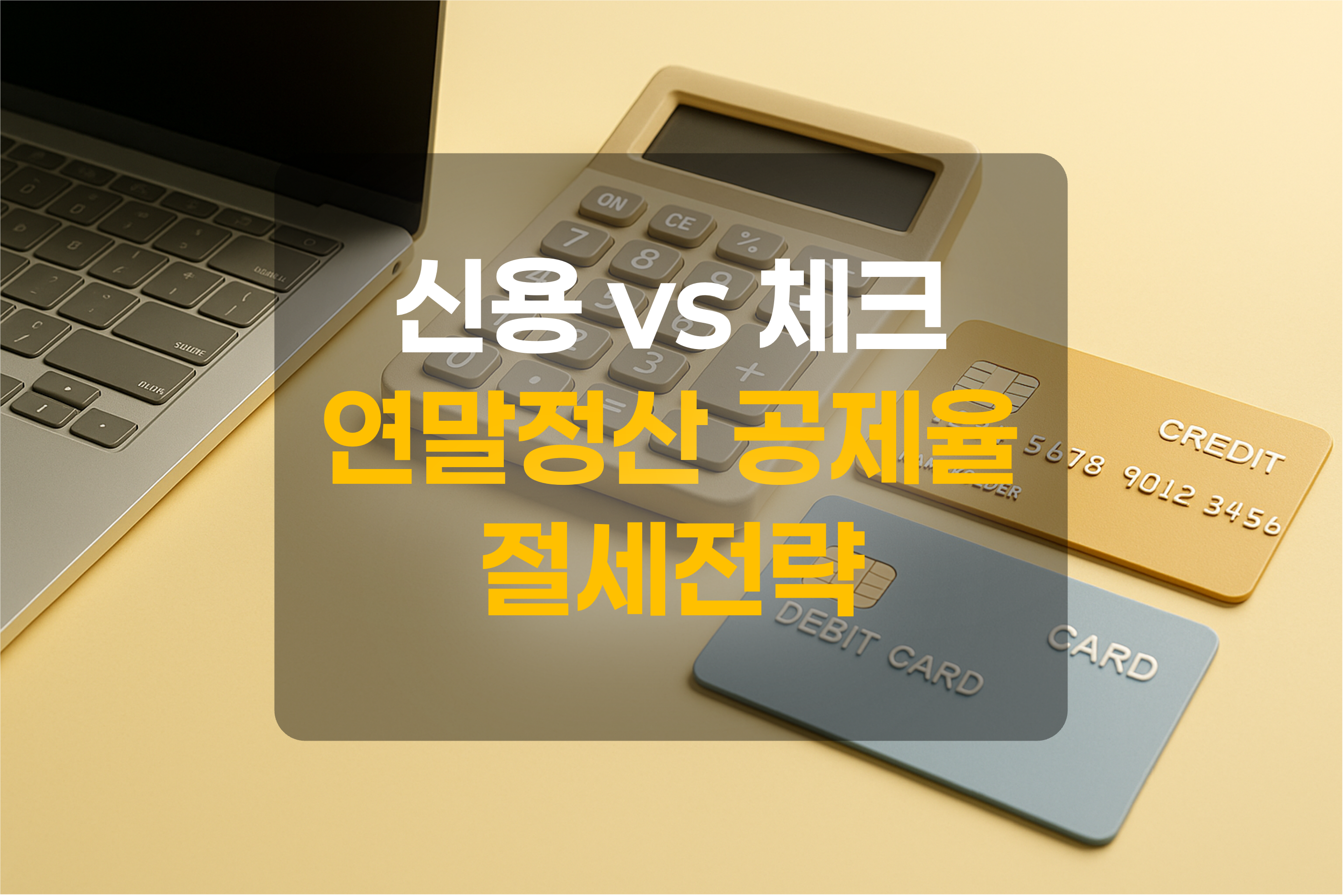 전자계산기와 신용카드, 체크카드가 올려져있는 책상을 표현한 그림