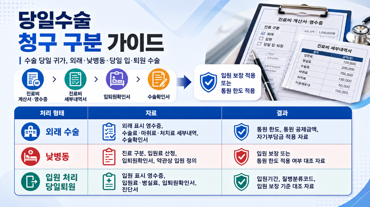 당일수술 청구 구분 가이드를 정리한 16:9 인포그래픽으로, 외래 수술&middot;낮병동&middot;입원 처리 당일퇴원별 제출 자료와 입원 보장 또는 통원 한도 적용 결과를 비교한 이미지