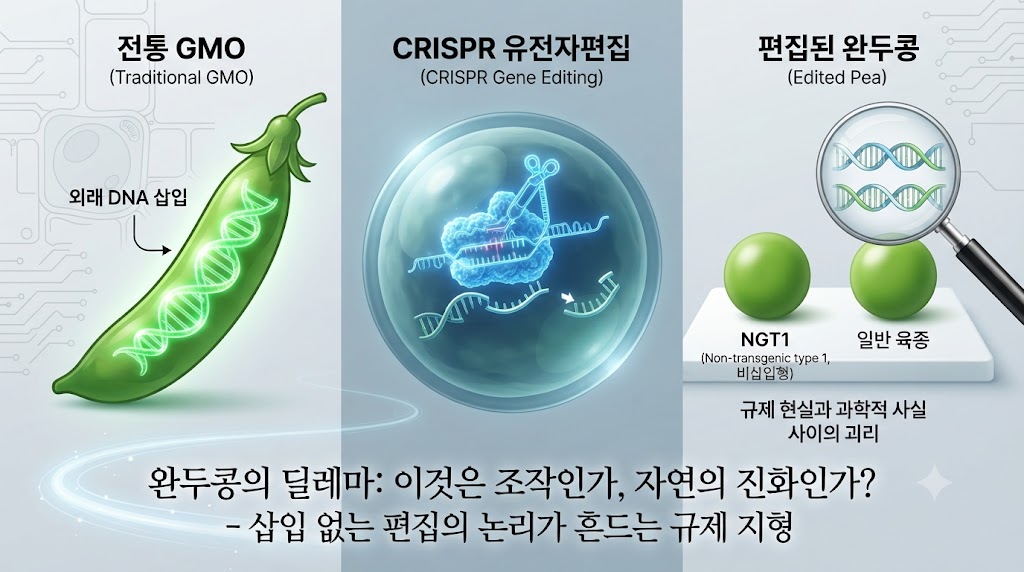 블로그 도입부의 핵심 질문을 시각화한 개념적 일러스트입니다. 이미지 왼쪽에는 전통적인 방식의 거대한 GMO 콩 꼬투리가 외래 DNA 삽입을 상징하는 형광색으로 빛나고 있습니다. 중앙에는 CRISPR 유전자 가위가 완두콩의 특정 유전자 부위를 정밀하게 잘라내는 장면이 미세하게 표현되며, 잘려 나간 조각 외에는 외부 물질이 전혀 보이지 않습니다. 오른쪽에는 이 편집된 완두콩이 일반 완두콩과 구별할 수 없는 모습으로 놓여 있어, 과학적 사실과 규제 현실 사이의 괴리를 상징합니다. (심볼릭 일러스트)