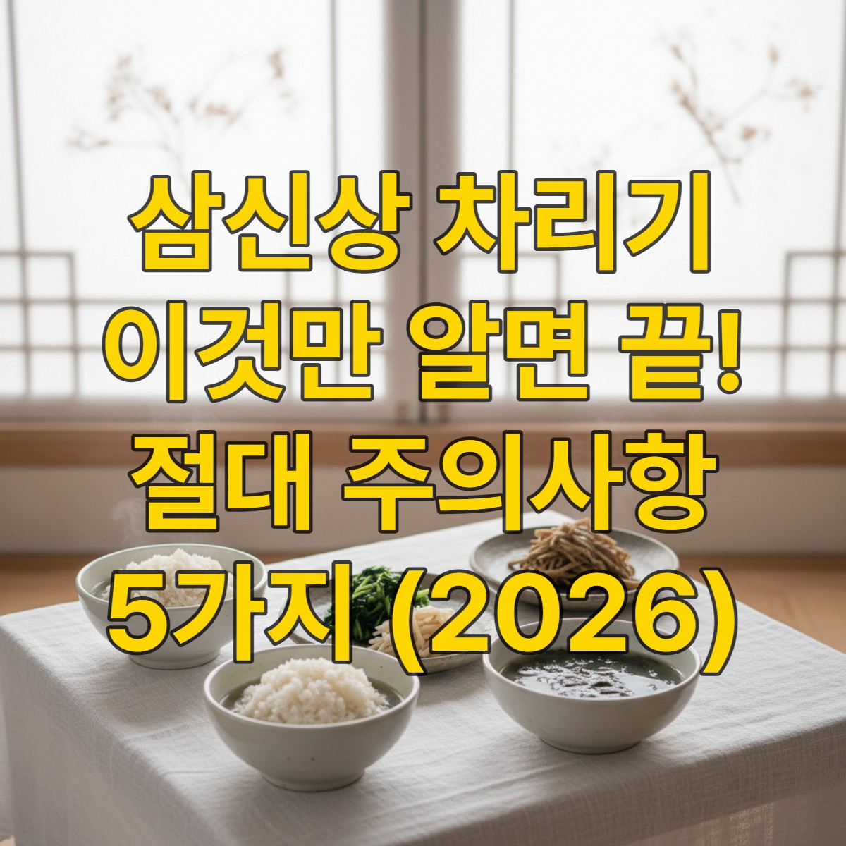 정갈하게 차려진 한국 전통 삼신상. 깨끗한 백미밥과 맑은 미역국, 삼색 나물 등이 놓여 있으며, 아기의 건강과 순조로운 성장을 기원하는 경건한 분위기입니다.