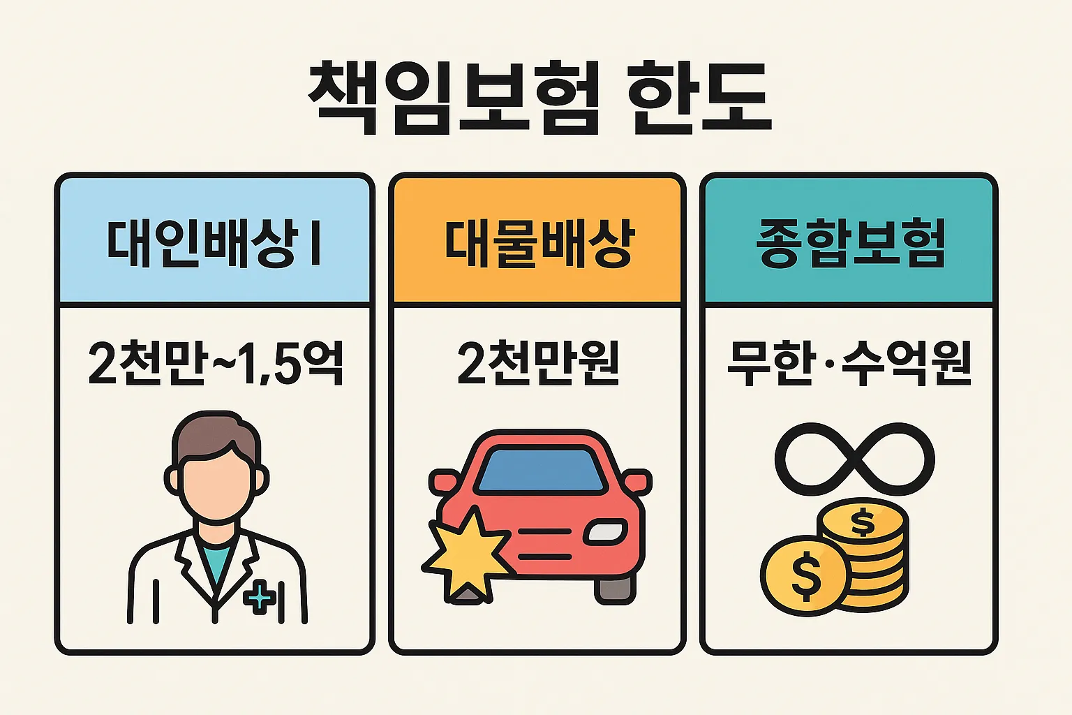 자동차 책임보험 대인배상과 대물배상 한도, 종합보험의 무한 보장 범위를 비교하여 운전자 선택 기준을 보여주는 인포그래픽