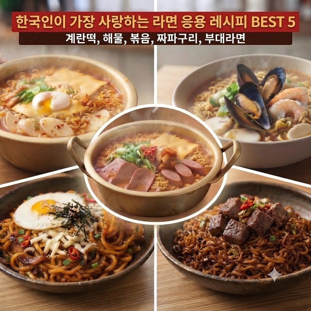 한국인이 가장 사랑하는 대표적인 라면 응용 레시피 5가지를 하나의 이미지에 모두 담았습니다. 중앙의 커다란 양은 냄비에 끓고 있는 '부대라면(BEST 1)'을 중심으로, 나머지 4가지 메뉴가 먹음직스러운 근접 샷으로 원형을 이루며 배치되어 있습니다.