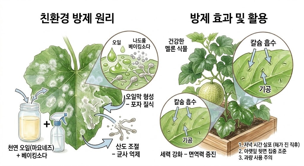 멜론 잎 뒷면에 천연 오일막이 형성되어 곰팡이 포자의 숨통을 막고 베이킹소다가 산도를 조절하여 균사를 억제하는 과정을 설명하는 삽화