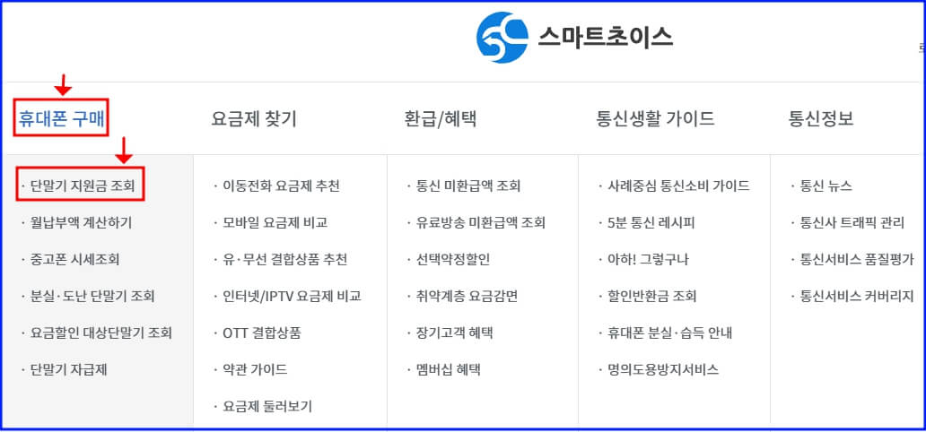스마트초이스 홈페이지 단말기 지원금 조회 화면