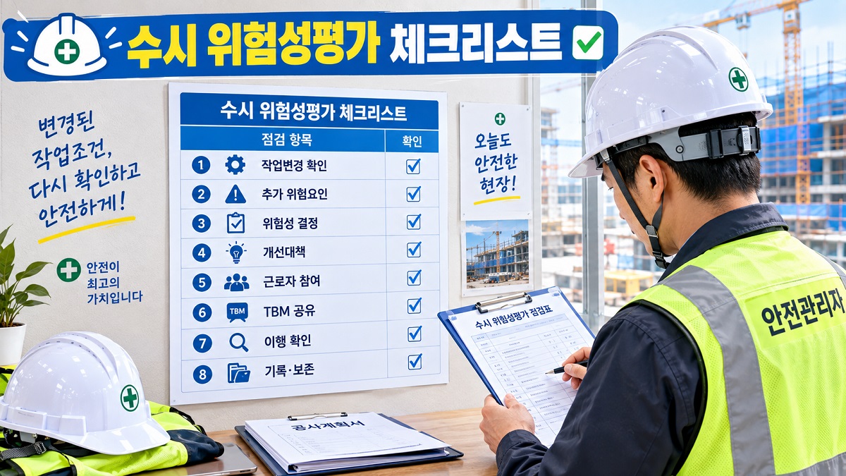 건설현장 안전관리자가 수시 위험성평가 실시 전 체크리스트를 확인하는 모습