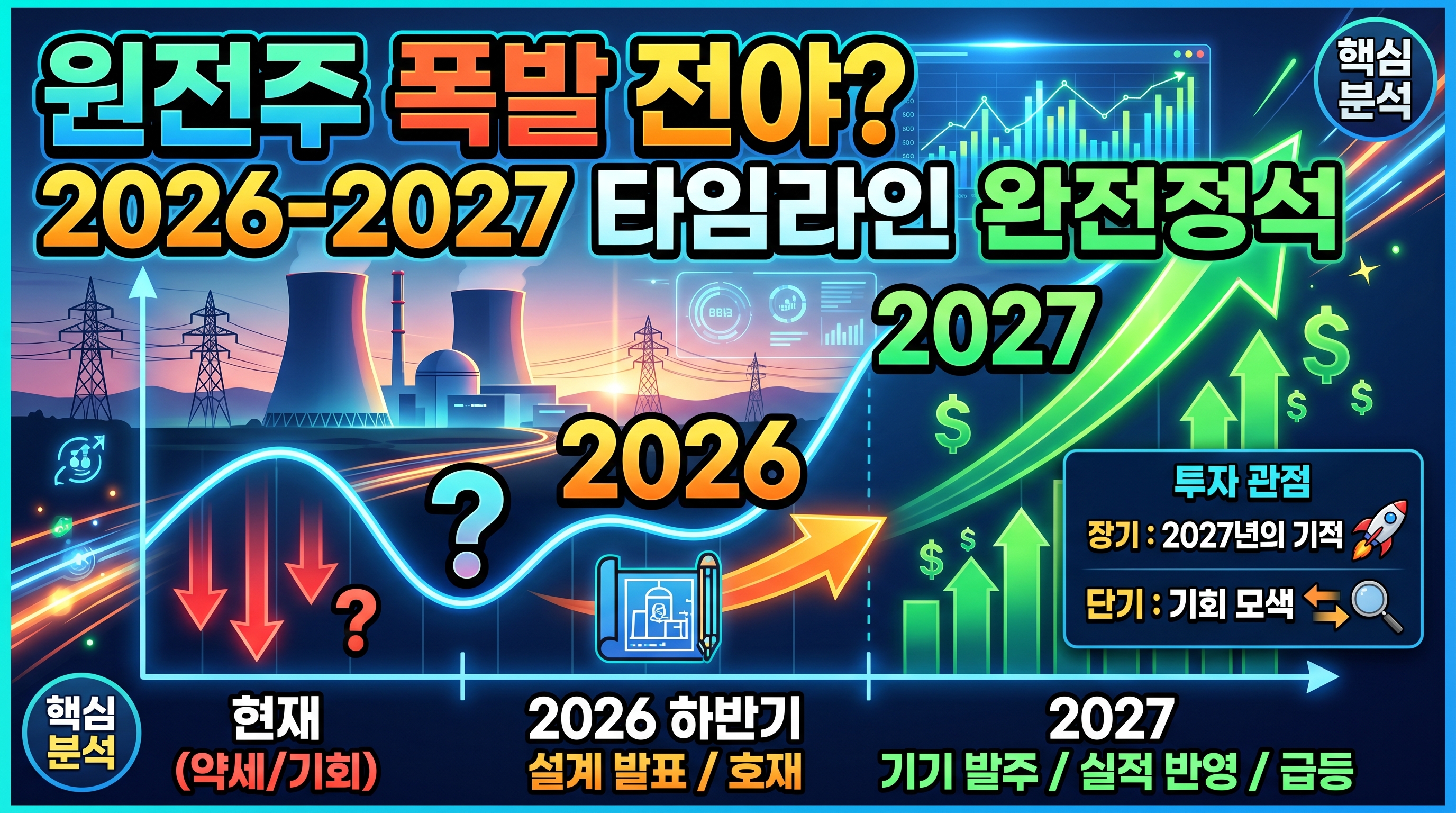 원전주 시간축: 현재(약세&middot;저점) &rarr; 2026년 하반기(설계 발표&middot;호재) &rarr; 2027년(기자재 발주&middot;실적 반영&middot;급상승)