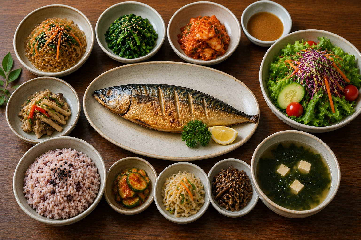 당뇨 환자에게 적합한 생선구이, 잡곡밥, 샐러드, 나물 반찬, 미역국으로 구성된 균형 잡힌 한식 외식 메뉴를 위에서 촬영한 이미지