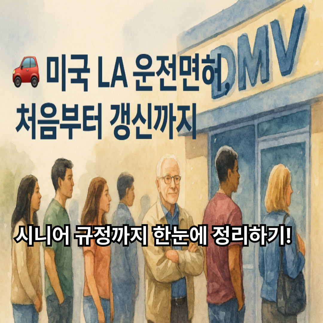 미국 캘리포니아 DMV(차량등록국) 건물 앞에서 다양한 연령대의 사람들이 줄 서 있는 모습을 담고 있는 이미지