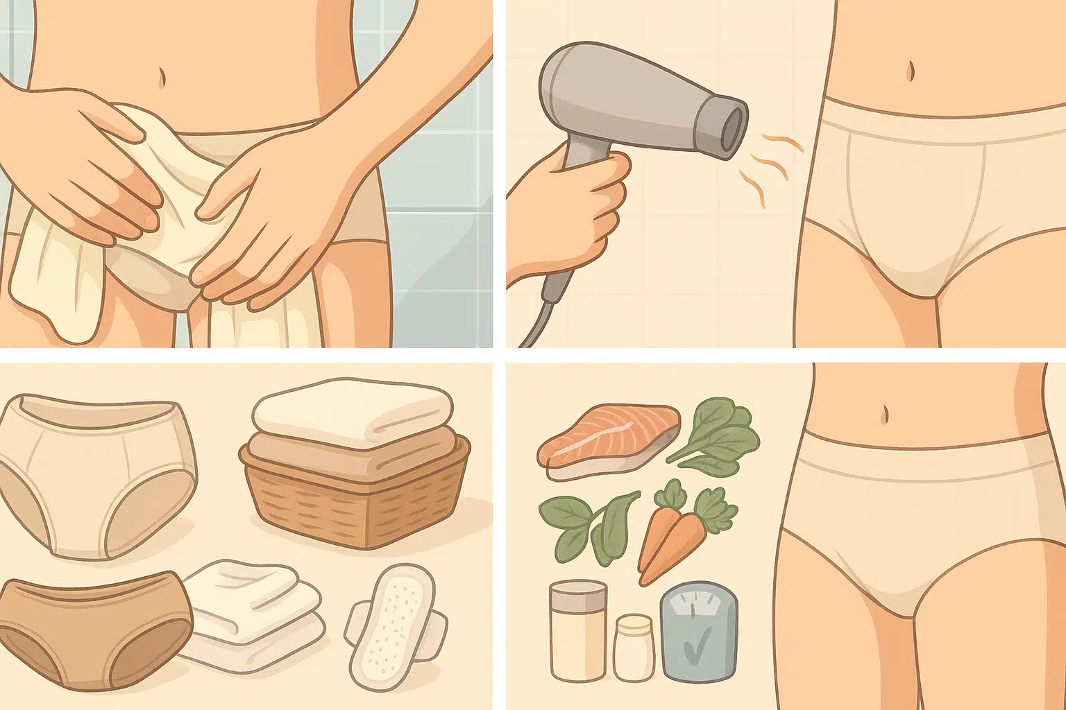 샤워 후 사타구니 부위를 부드럽게 세정하는 장면, 드라이기로 약한 바람을 사용해 완전히 건조하는 모습, 면 소재 속옷과 여벌 속옷을 준비하는 장면, 여름철 파우더나 흡수 패드 사용, 균형 잡힌 식단과 체중 관리 아이콘