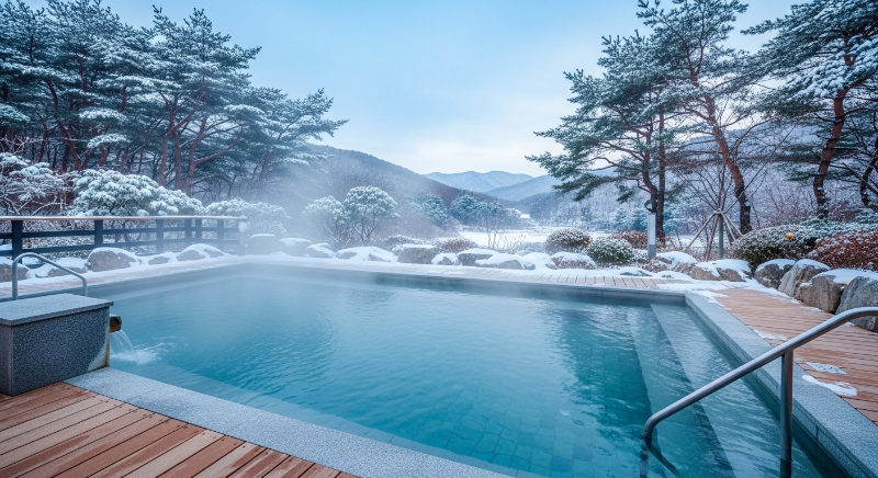 눈 덮인 산과 소나무를 배경으로 김이 모락모락 피어오르는 따뜻한 야외 노천 온천의 고즈넉한 겨울 풍경