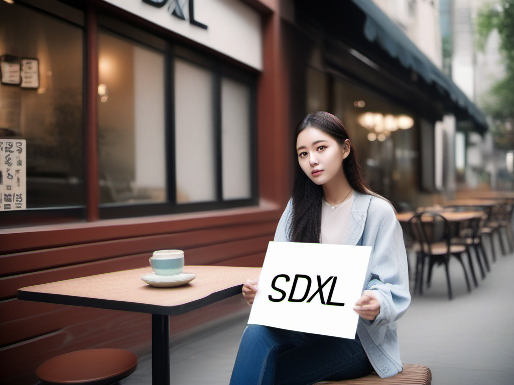 SDXL - photo of young beautiful Korean woman, sitting in front of cafe, holding a sign saying "SDXL"