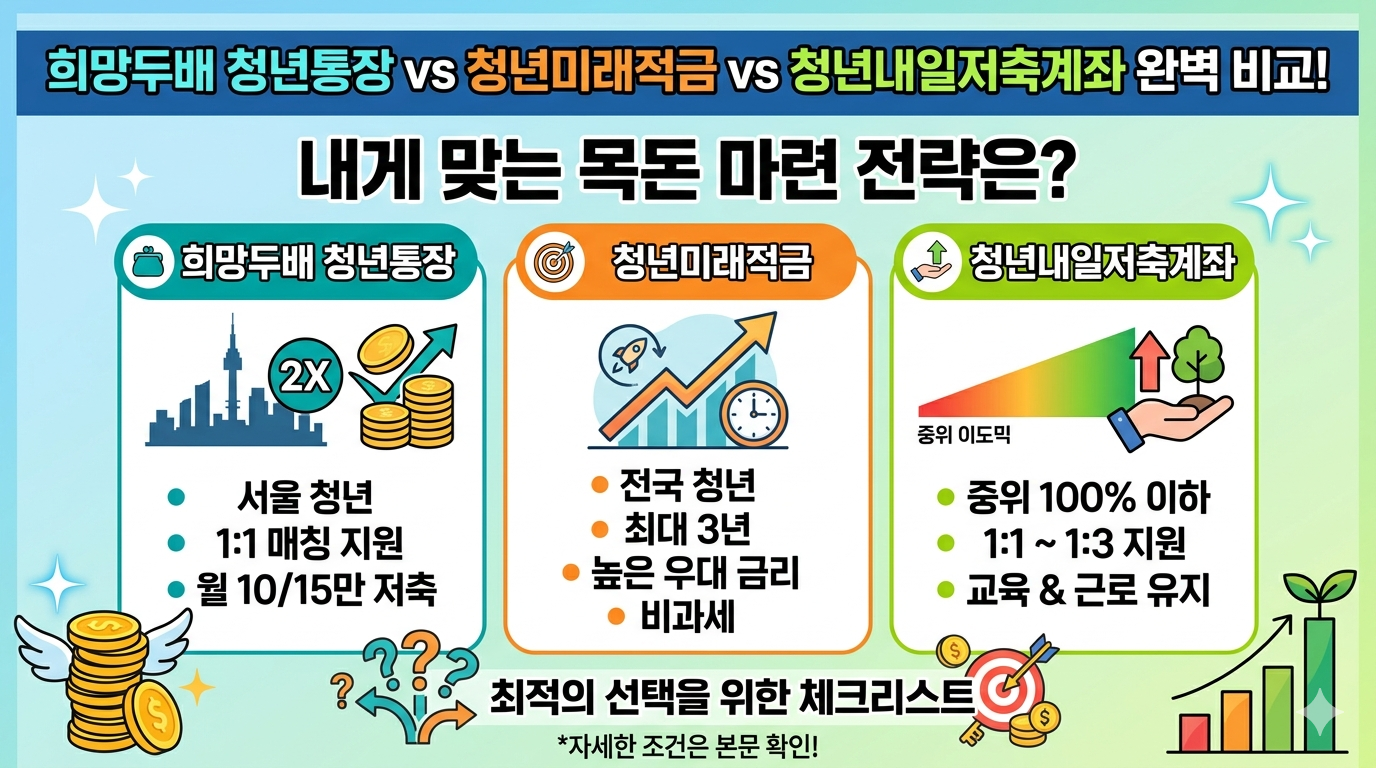 희망두배 청년통장, 청년미래적금, 청년내일저축계좌의 가입 조건과 혜택을 한눈에 비교할 수 있도록 정리한 인포그래픽 이미지입니다. 상단에는 "희망두배 청년통장 vs 청년미래적금 vs 청년내일저축계좌 완벽 비교! 내게 맞는 목돈 마련 전략은?"이라는 큰 제목이 있고, 그 아래로 세 개의 카테고리가 구분되어 있습니다. 각 카테고리에는 해당 상품을 대표하는 아이콘(서울 스카이라인과 동전, 성장 그래프와 시계, 중위소득 그래프와 손)과 함께 핵심 혜택(거주 조건, 매칭 비율, 가입 기간, 소득 기준)이 목록 형태로 알기 쉽게 기술되어 있습니다. 하단에는 "최적의 선택을 위한 체크리스트"라는 문구와 함께 날개 달린 동전, 물음표, 과녁 등 시각적 요소가 배치되어 이해를 돕습니다.