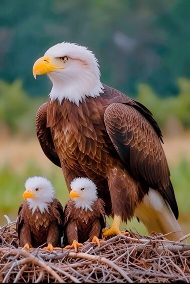 부리가-노랗고-날개가-검은-갈색인-독수리가-새끼-두마리를-보호하며-둥지를-지키는-모습