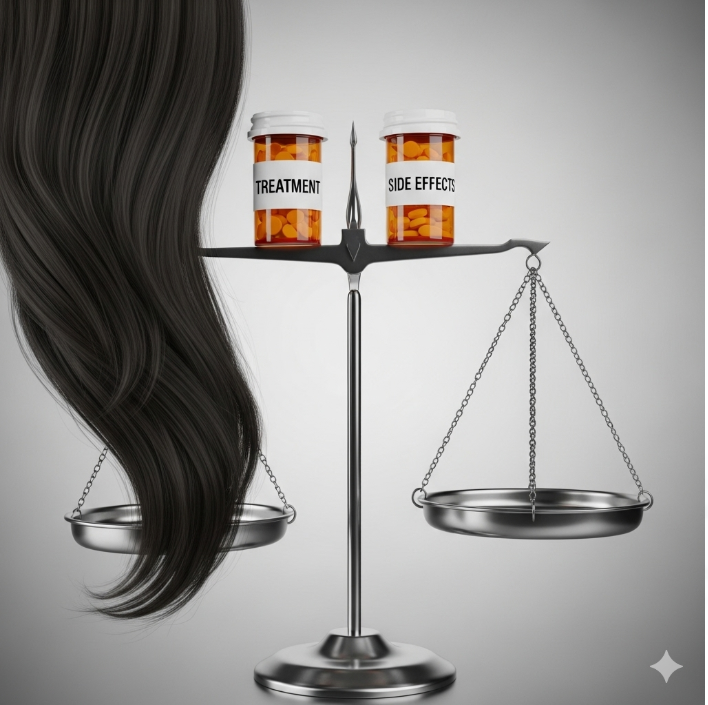 한쪽에는 풍성하고 건강한 머리카락이, 다른 한쪽에는 텅 빈 저울 접시가 놓여 있다. 저울의 균형추는 두 약물 병으로, 탈모 치료 효과와 부작용의 균형을 시각적으로 보여준다.