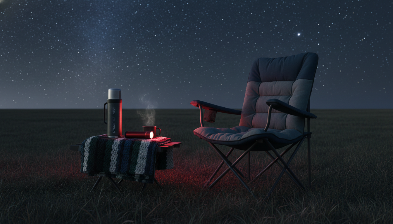 밤하늘 아래 별똥별 관측을 위해 준비된 릴렉스 체어, 담요, 따뜻한 차가 있는 아늑한 풍경