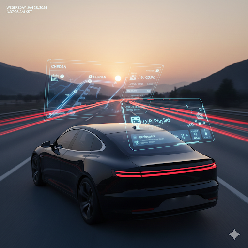 새벽 해가 떠오르는 고속도로를 달리는 차량 위로 내비게이션, 일정, 음악 재생 등 AI 인터페이스가 겹쳐 보이는 장면