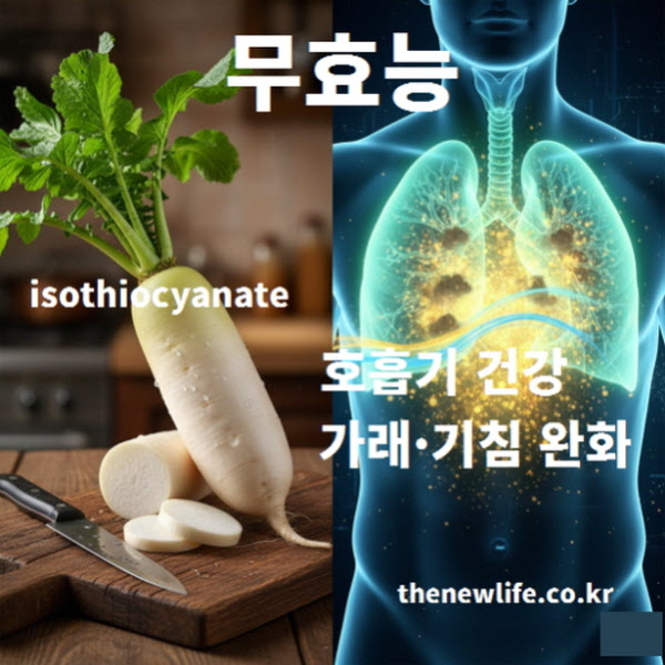 기관지 염증 완화와 가래 배출을 돕는 무의 아이소싸이오사이아네이트 성분을 설명하는 인포그래픽 이미지